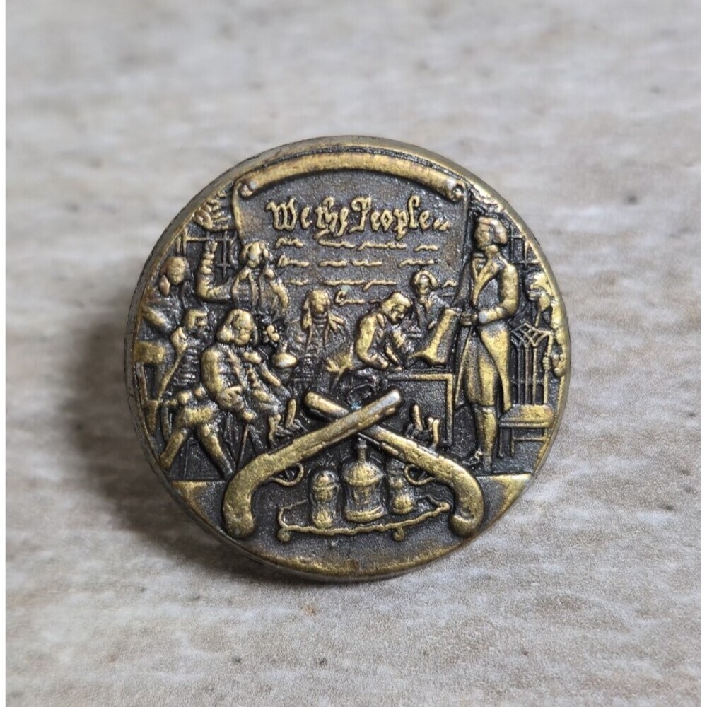 Vintage "We the People" Constitution Signing USA Bronze Tone Lapel Pinback Pin